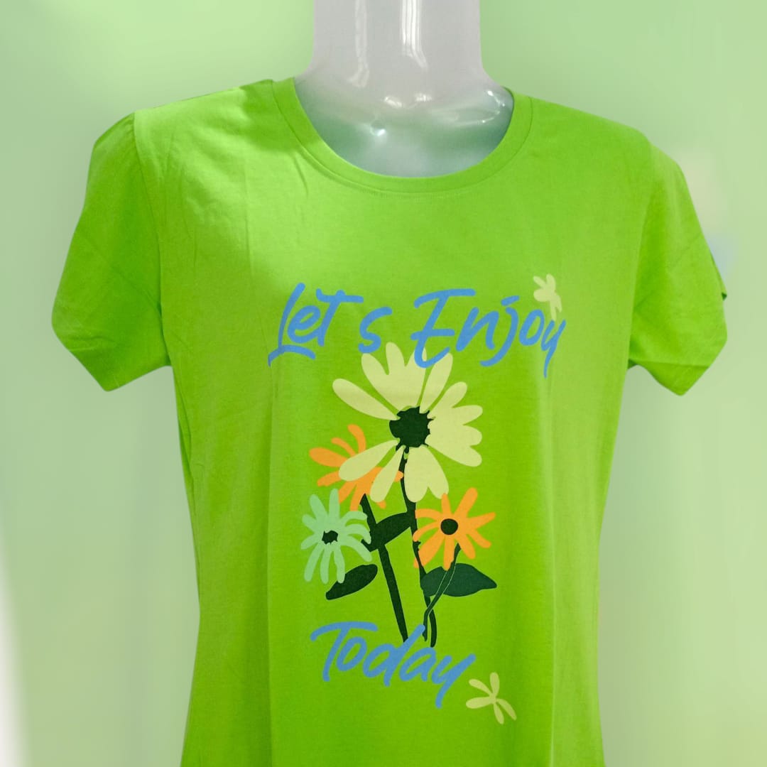 XXL Size Women's Green Floral "Let's Enjoy Today" Printed T-Shirt thumbnail