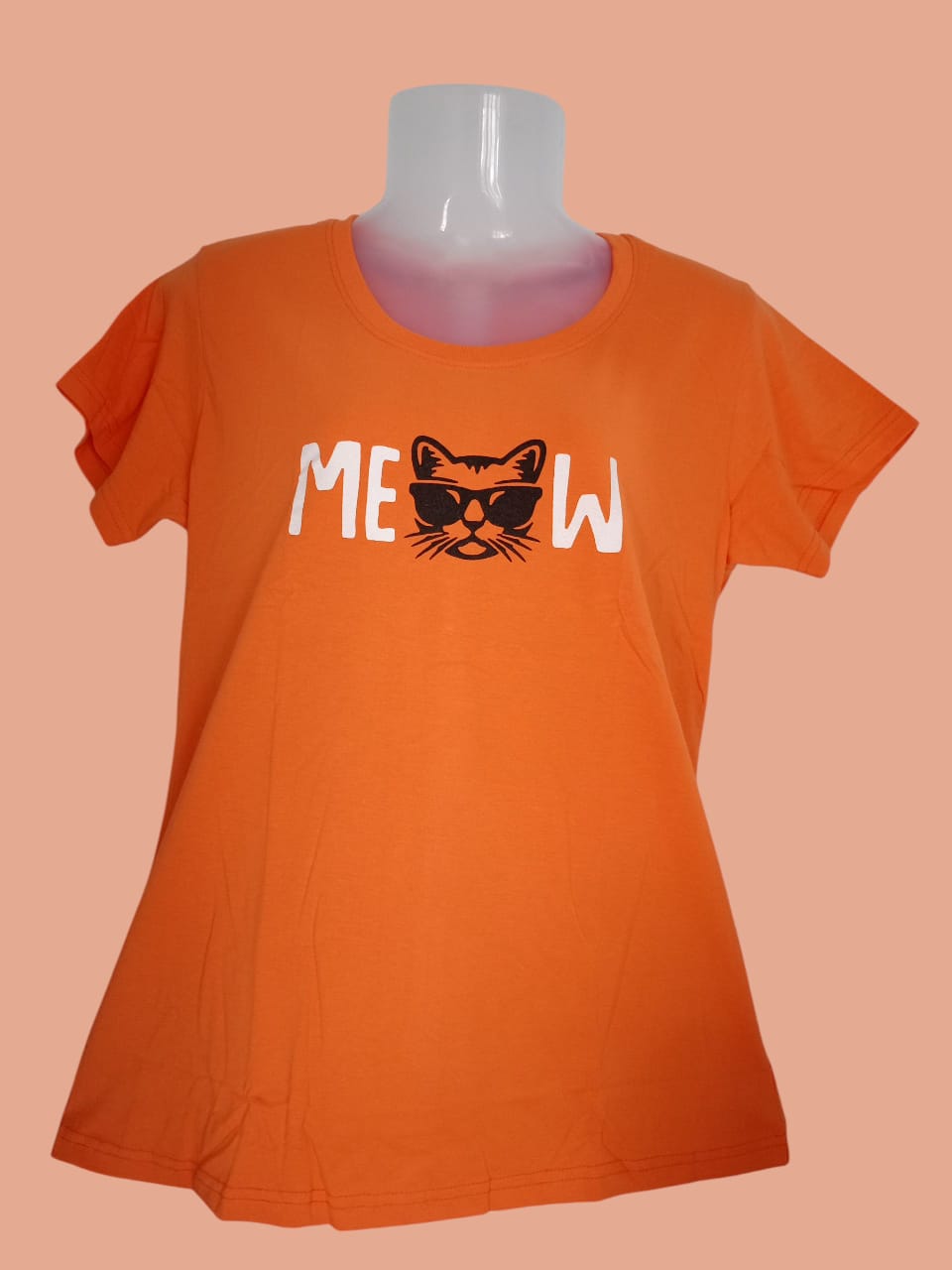 Women's Orange "MEOW" Cat Print Cotton T-Shirt thumbnail