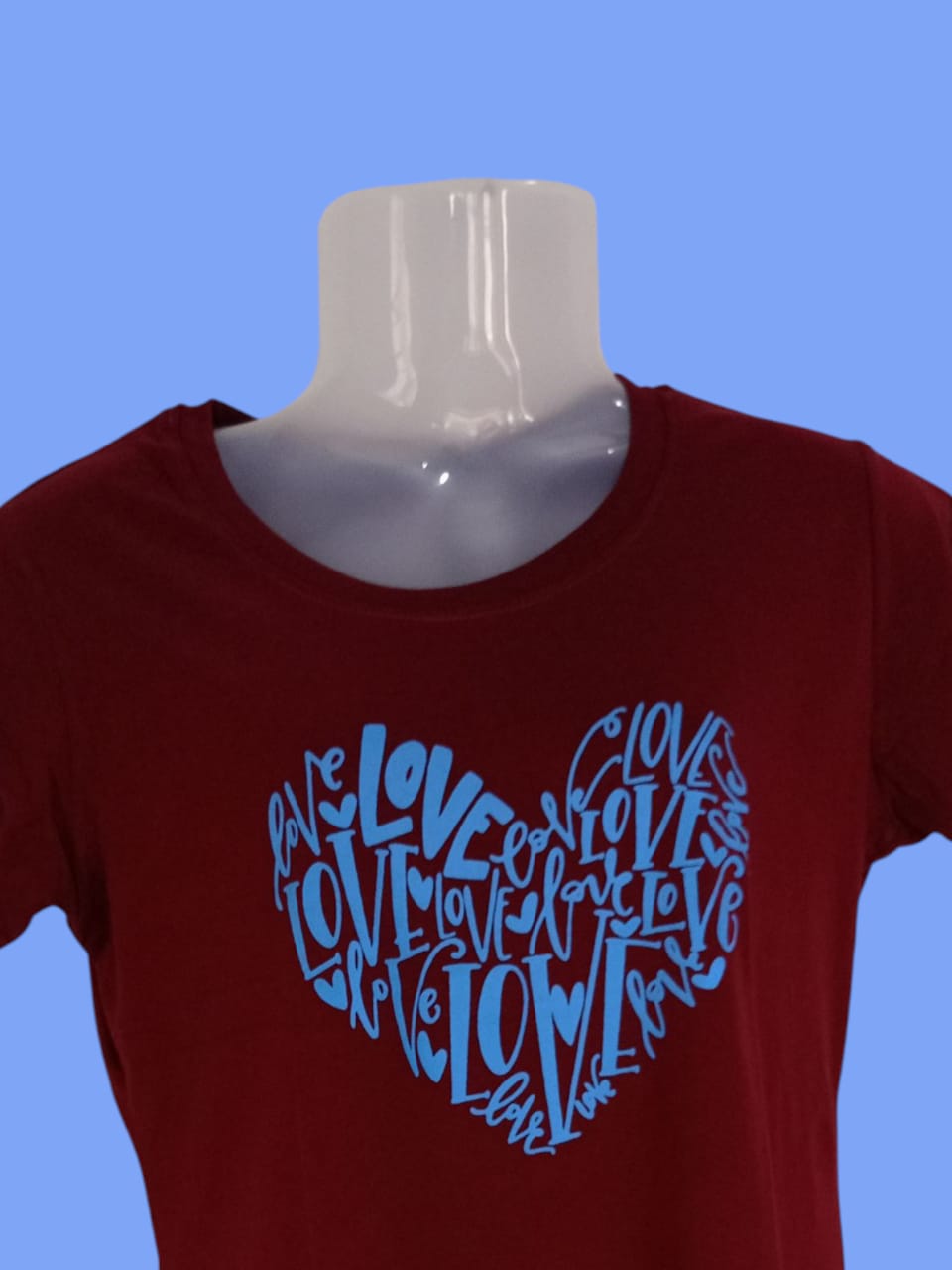 Women's Maroon Cotton T-Shirt with Blue "Love" Heart Typography Print thumbnail